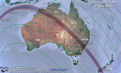 A map of Australia shows the path of totality crossing Australia from the Kimberley region through to Sydney and continuing to cross the South Island of New Zealand. For selected towns and locations along the path of totality the start time of totality and the duration of totality are shown.