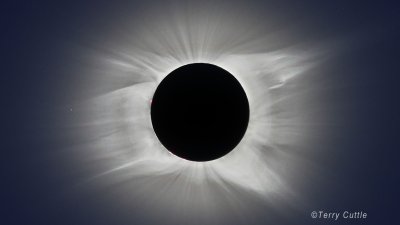 A photo shows the totally eclipsed Sun in the sky. The Sun is completely obscured and appears as a black hole in the sky. The Sun is surrounded by its outer atmosphere the corona which appears to glow white and in the shape of the Sun’s magnetic field. The corona is streaming out in all directions but noticeably at the top and bottom of the Sun at the Sun’s north and south poles. There is a prominence on the left hand side of the Sun.