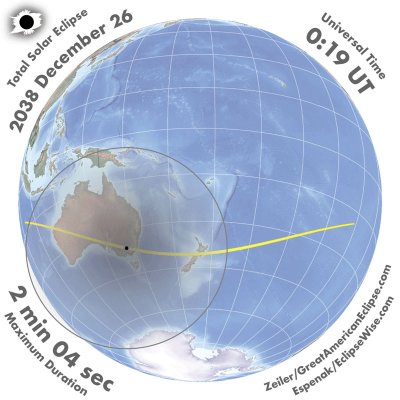 An animation shows the umbra and penumbra of the total solar eclipse of 2038 moving across the globe of Earth from north-west of Australia, across Australia and New Zealand and out into the Pacific Ocean.