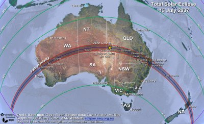 A map of Australia shows the path of totality crossing Australia from central Western Australia through to Brisbane and continuing to cross the North Island of New Zealand. Selected towns and locations in the path of totality are shown.