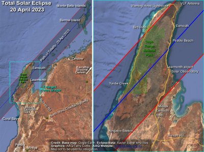 There are 2 maps. On the left is an overview showing the path of totality passing over North West Cape and the islands to the north-east. On the right is a more detailed map of North West Cape showing the path of totality with Exmouth, Learmonth airport and other locations marked.