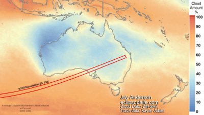 A map shows the region around Australia and shows the path of totality crossing Australia. A colour scheme shows average cloud percentage with the majority of the path of totality in an area with a colour indicating about 40% average cloud cover.