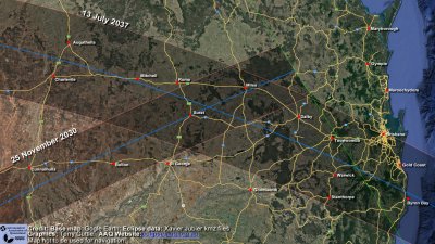 The path of totality is shown in a map extending from Charleville to the coastal area around Brisbane / Gold Coast showing the towns and cities inside and outside the paths of the eclipses of 2037 and 2030.
