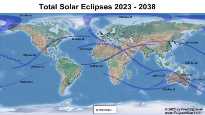 A map of the world shows the paths of the 12 total solar eclipses that will occur in the period 2023 to 2038 with 5 of these in the Australia / New Zealand region