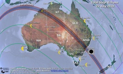 A map of Australia shows the path of totality crossing Australia from the Kimberley region through to Sydney and continuing to cross the South Island of New Zealand. There are green lines roughly parallel to the path of totality showing maximum coverage of the Sun at 20% intervals showing that almost all of Australia will experience at least 60% coverage of the Sun’s diameter. Small yellow crescent Sun images show the maximum percentage coverage of the Sun at capital cities and some other locations.