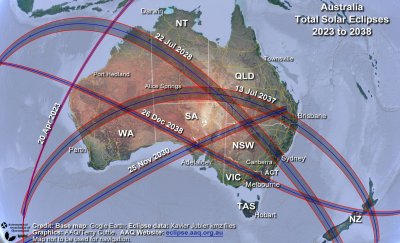 A map of Australia shows the paths of totality of the 5 total solar eclipses to cross Australia and New Zealand between 2023 and 2038.