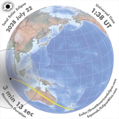 An animation shows the umbra and penumbra of the total solar eclipse of 2028 moving across the globe of Earth from west of Indonesia across Australia and New Zealand and out into the Pacific Ocean.