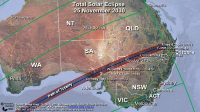 A map of Australia shows the path of totality crossing Australia from Streaky Bay in South Australia through to Surat and Miles in Queensland. For selected towns and locations along the path of totality, the start time of totality and the duration of totality are shown.