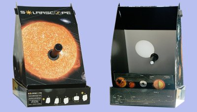 The photo on the left shows the front side of the Solarscope with a lens in a barrel fixed into a cardboard frame that can be orientated towards the Sun. The photo on the right is the inside of the Solarscope showing the Suns image projected onto a white screen inside the cardboard box so that it can be viewed by a group at the rear of the device.