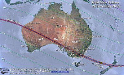 A map of Australia shows the path of totality crossing Australia from the Kimberley region through to Sydney and continuing to cross New Zealand. Selected towns and locations along the path of totality are shown.