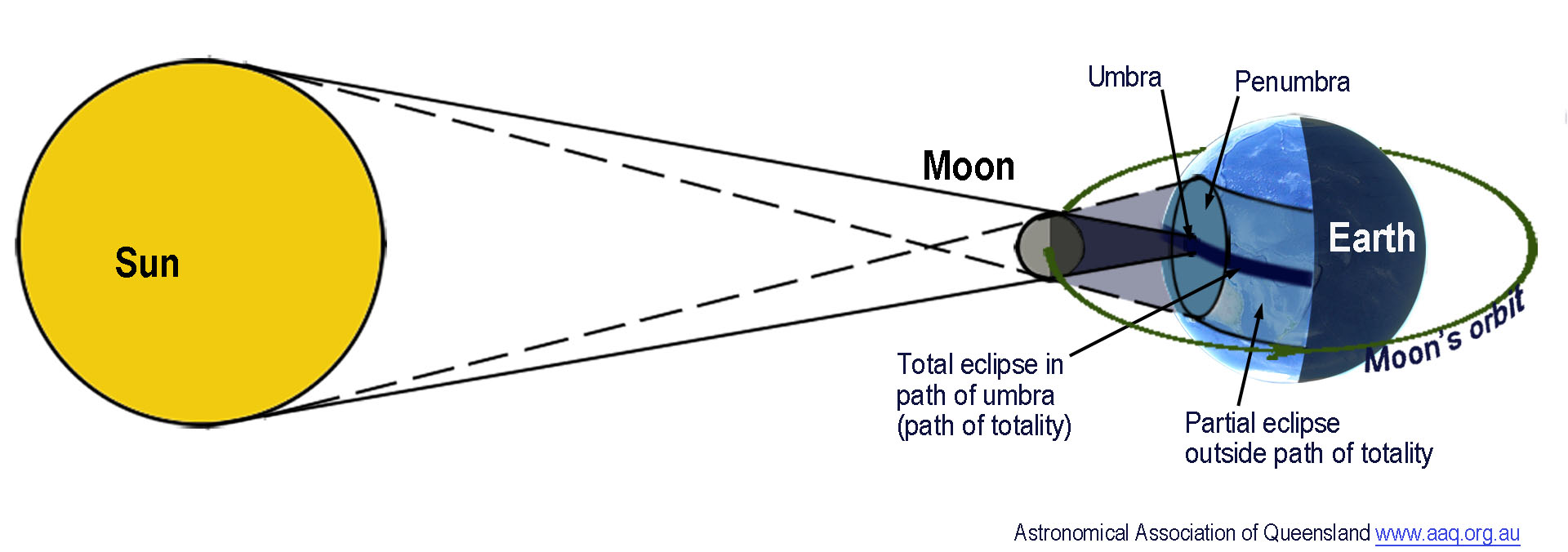 A diagram shows the Moon between the Sun and Earth with the Moon casting a shadow on Earth. The umbra, which is the central dark part of the Moon’s shadow is shown as a dark cone reaching Earth and indicating where the total solar eclipse occurs. A dark path is shown around Earth labelled as the path of totality where the total eclipse moves around Earth as the Moon orbits Earth. The Moon’s penumbra which is the Moon’s lighter outer shadow is shown on Earth surrounding the umbra and this is displayed moving around Earth indicating where a partial solar eclipse occurs on either side of the path of totality.