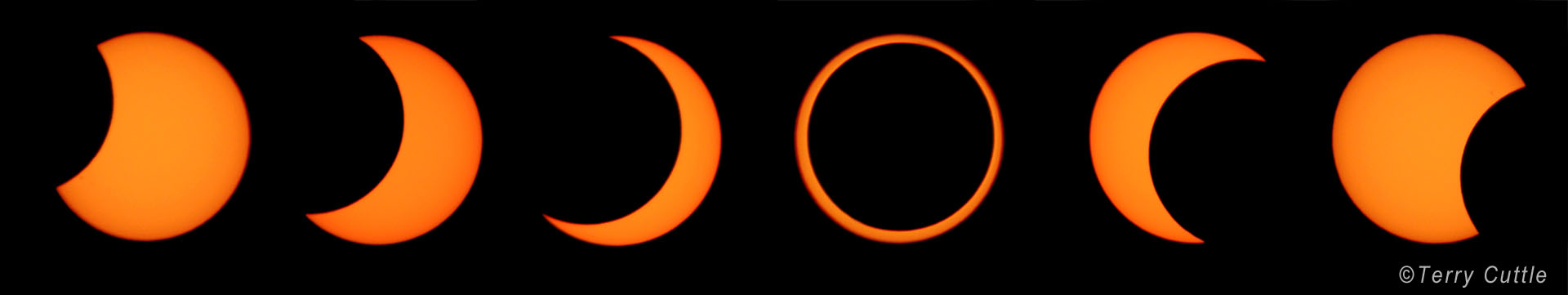 The photo consists of six images showing the phases of the annular eclipse in sequence. The first three images show the partial phase with increasing coverage of the Sun by the Moon. The fourth image shows the Moon in front of the Sun leaving a ring of sunlight surrounding the Moon. The last two images show the final partial phases with the Moon progressively moving off from in front of the Sun.