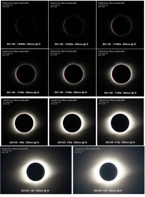 A composite of 12 individual images showing the increasing amount of solar corona captured as the exposure time is increased from 1/4000th of a second to a quarter of a second.