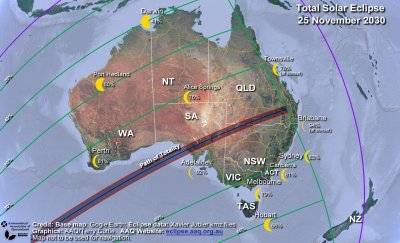 A map of Australia shows the path of totality crossing Australia from west of Adelaide, into north-west New South Wales and into southern Queensland. There are green lines roughly parallel to the path of totality showing maximum coverage of the Sun at 20% intervals showing that almost all of Australia will experience at least 40% coverage of the Sun’s diameter. Small yellow crescent Sun images show the maximum percentage coverage of the Sun at capital cities and some other locations.
