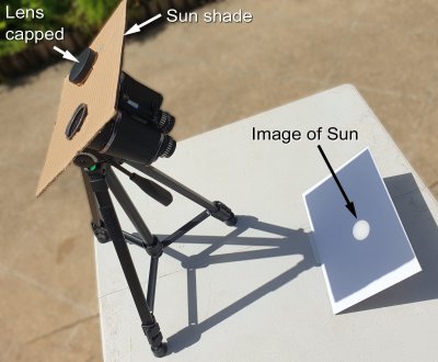 The photo shows a pair of binoculars mounted on a tripod and aimed at the Sun such that the Sun’s image can be projected through one side of the binoculars onto a white screen under the binoculars.
