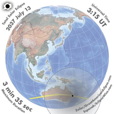 An animation shows the umbra and penumbra of the solar eclipse of 2037 moving across the globe of Earth from west of Perth across Australia and New Zealand and out into the Pacific Ocean.