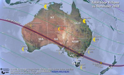 A map of Australia shows the path of totality crossing Australia from central Western Australia through to the New South Wales / Victoria border area and continuing to cross New Zealand. There are green lines roughly parallel to the path of totality showing maximum coverage of the Sun at 20% intervals showing that almost all of Australia will experience at least 40% coverage of the Sun’s diameter. Small yellow crescent Sun images show the maximum percentage coverage of the Sun at capital cities and some other locations.
