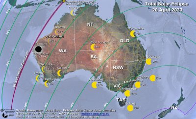 A map of Australia shows the path of totality just touching the North West Cape area of Western Australia. There are green lines roughly parallel to the path of totality showing maximum coverage of the Sun at 20% intervals, ranging from 80% across Western Australia to 20% across the Sydney area. Small yellow crescent Sun images show the maximum percentage coverage of the Sun at capital cities and some other locations.