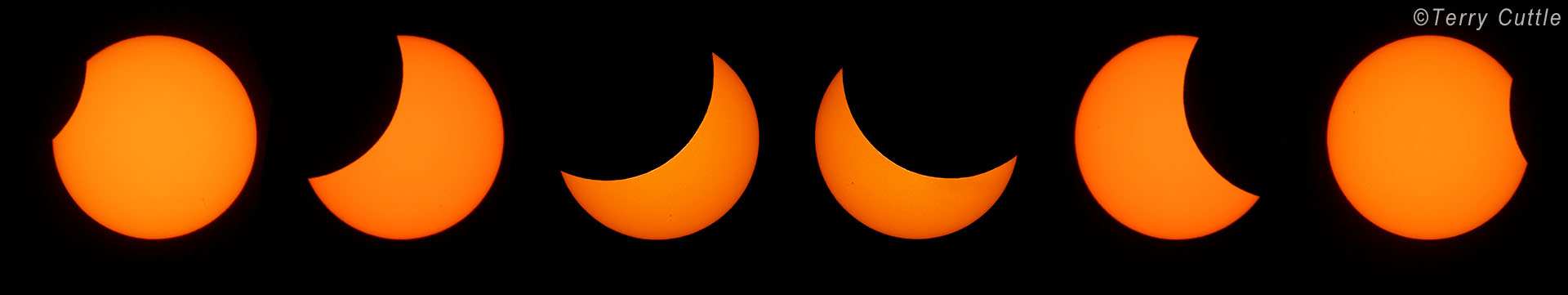 A series of images show an increasing part of the Sun being covered by the Moon giving the Sun a crescent shape. This increases to a maximum then reduces in coverage as the Moon continues to move across the Sun.